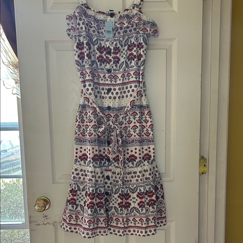 Ann Taylor White Midi Dress with Red & Navy Floral Border Print